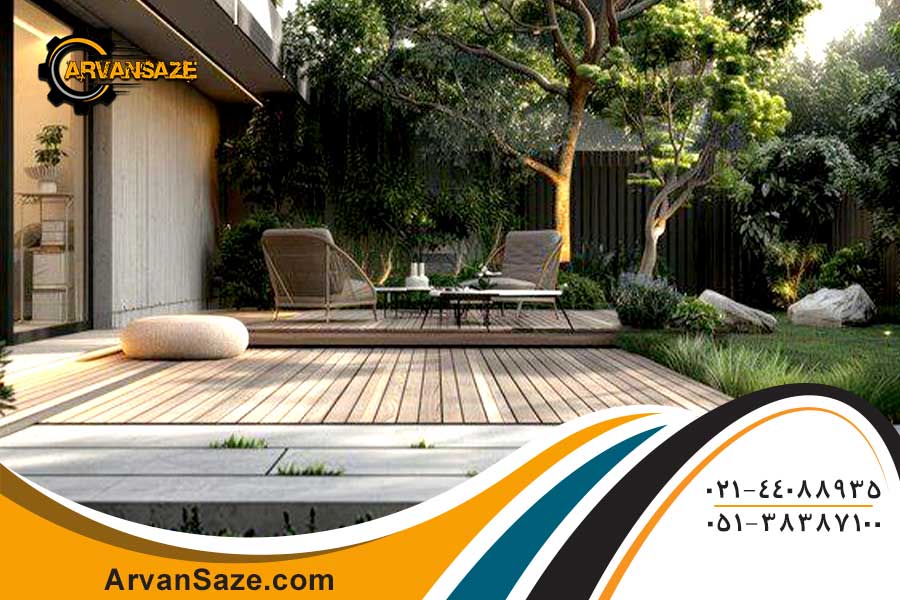 طراحی فضای باز با کفپوش مناسب، درختان و گیاهان بومی و مبلمان مناسب فضای باز